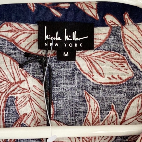 Nicole Miller NWT Linen Blend Tie at Waist Navy and Cream Floral Women's Top - Picture 4 of 8